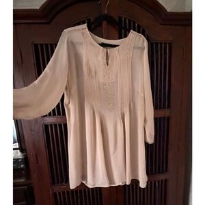 Splash Beaded Front Blouse Size 16 Long Sleeve Blush Beige Silk Tunic